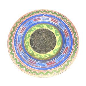 Vintage Mexican Mayan Calendar Tonal Wall Plate 12.5'' Hand Painted Multicolor